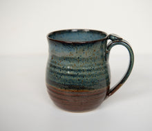 Load image into Gallery viewer, Blue and rust red hand thrown stoneware mug Clay Coffee cup thumb rest