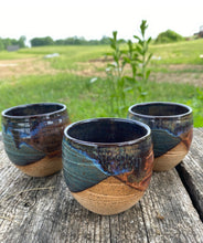 Load image into Gallery viewer, Blue and Brown Whiskey and/or Espresso Pottery Cup Ceramics Shot Glass