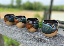 Load image into Gallery viewer, Blue and Brown Whiskey and/or Espresso Pottery Cup Ceramics Shot Glass