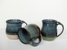 Load image into Gallery viewer, Pottery coffee mug functional ceramics cup thumb rest blue and green clay cup
