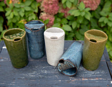 Load image into Gallery viewer, Ceramic Travel Mug Stoneware Pottery travel to go mug with lid functional ceramics mug no handle fits in your car!