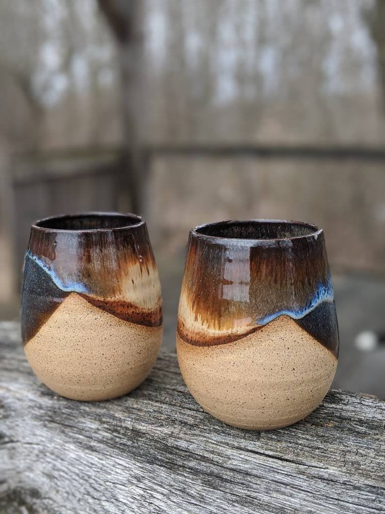 Blue, brown glaze Set of 2 handthrown stoneware wine glasses