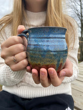 Load image into Gallery viewer, Blue and rust red hand thrown stoneware mug Clay Coffee cup thumb rest