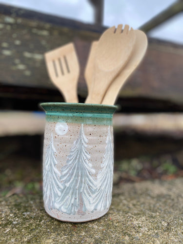 Utensil Holder Jar Winter Trees Spoons utensils pottery Clay