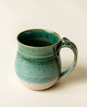 Load image into Gallery viewer, Handmade Ceramic Coffee Mug Pottery mug with thumb rest green and white glaze
