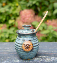 Load image into Gallery viewer, Pottery Honey Pot with honeycomb spoon.  Blue glaze. Functional Ceramics
