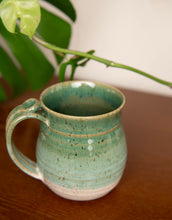 Load image into Gallery viewer, Handmade Ceramic Coffee Mug Pottery mug with thumb rest green and white glaze

