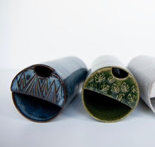 Load image into Gallery viewer, Ceramic Travel Mug with Mountain Range in the Lid Pottery Coffee Mug Blue Glaze
