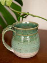 Load image into Gallery viewer, Handmade Ceramic Coffee Mug Pottery mug with thumb rest green and white glaze
