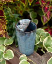 Load image into Gallery viewer, Ceramic Travel Mug with Mountain Range in the Lid Pottery Coffee Mug Blue Glaze
