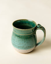 Load image into Gallery viewer, Handmade Ceramic Coffee Mug Pottery mug with thumb rest green and white glaze
