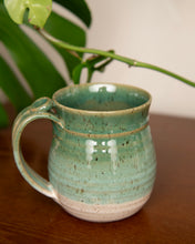 Load image into Gallery viewer, Handmade Ceramic Coffee Mug Pottery mug with thumb rest green and white glaze
