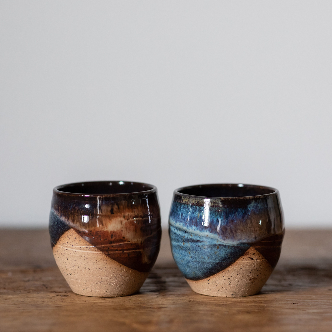Set of 2. Blue and brown glaze ceramic Espresso Glasses 