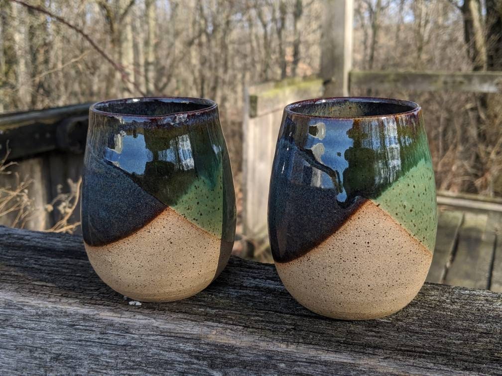 Set of 2 Handthrown Green and Blue Stoneware Wine Glasses