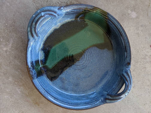 Large serving dish with handles. Food safe. Dishwasher safe. 12 inches across. Blue and green.