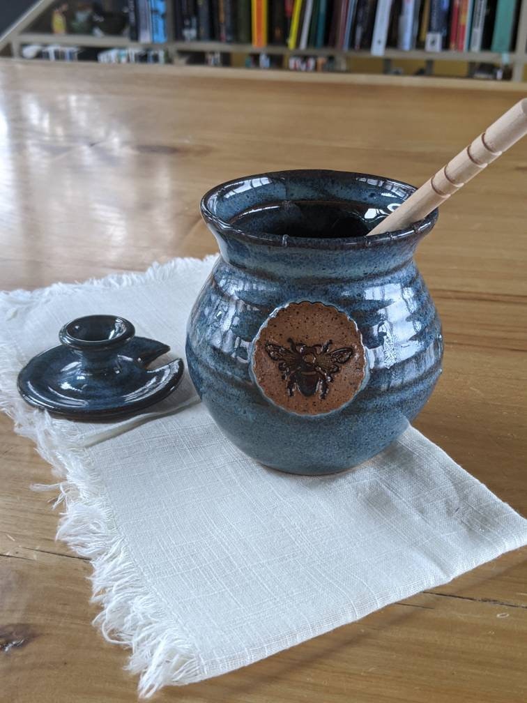 Honey Bee Honey Pot with honeycomb spoon.  Blue glaze. Functional Ceramics