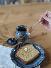 Load image into Gallery viewer, Honey Bee Honey Pot with honeycomb spoon.  Blue glaze. Functional Ceramics
