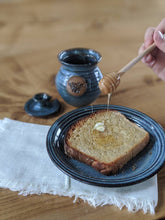 Load image into Gallery viewer, Honey Bee Honey Pot with honeycomb spoon.  Blue glaze. Functional Ceramics
