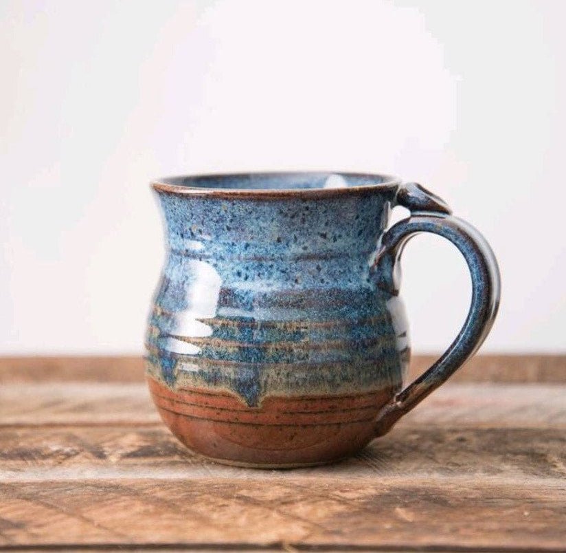 Blue and rust red hand thrown stoneware mug Clay Coffee cup thumb rest   Stonehouse Pottery - Emily Moorefield Mariola