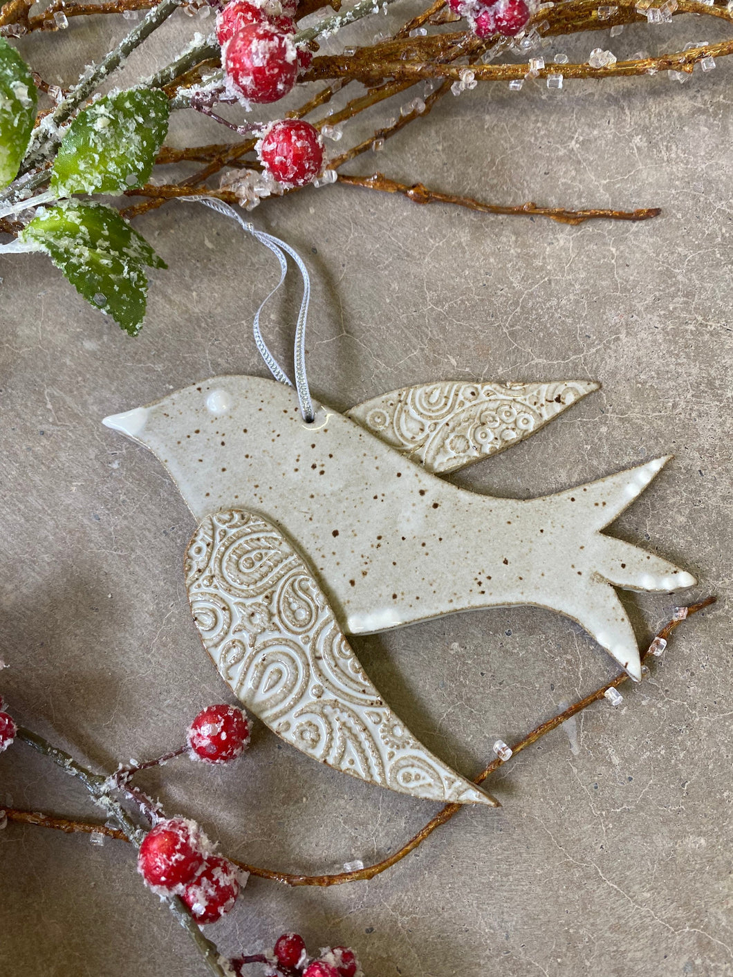 Holiday Christmas tree ornament bird peace dove pottery clay stoneware gift