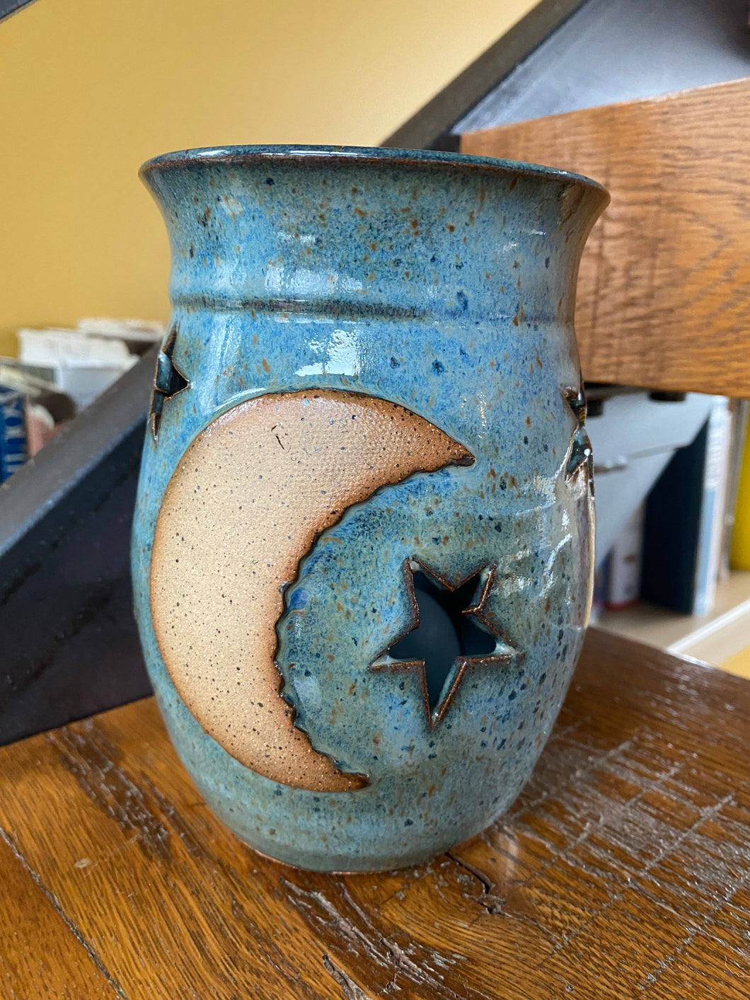 Moon and stars tall cut out Ceramic candle holder 