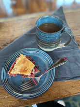 Load image into Gallery viewer, Blue dessert Plate with pie and coffee 

