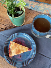 Load image into Gallery viewer, Blue Bread Plate with pie and coffee 
