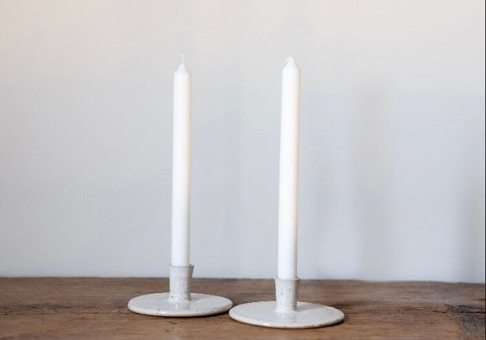 Modern taper candlestick holder candle candles speckled white ceramics pottery clay