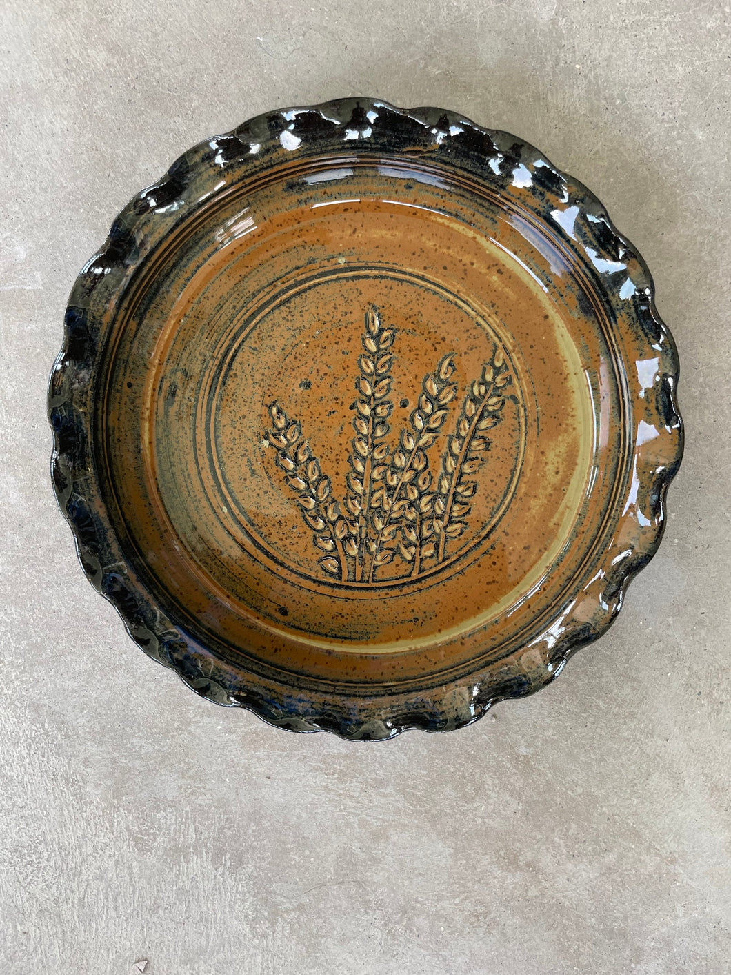 Hand carved Pie Dish casserole serving tray plate platter wheat grass