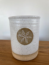Load image into Gallery viewer, Utensil Crock with Winter Snowflake matte white glaze on speckled stoneware clay.
