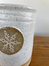 Load image into Gallery viewer, Utensil Crock with Winter Snowflake matte white glaze on speckled stoneware clay.
