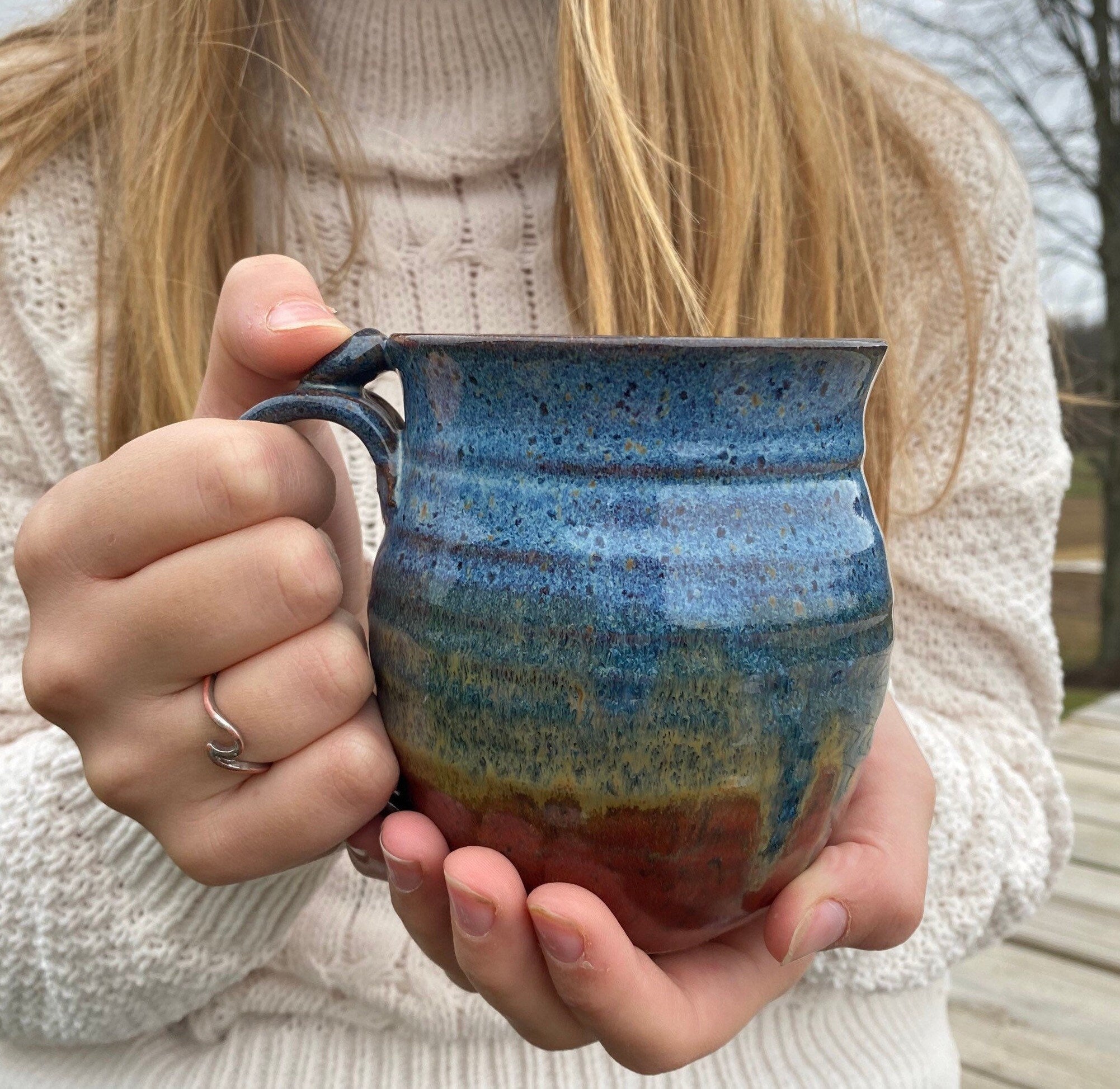 16 oz pottery coffee mugs with thumb rest 16 oz Blue and rust red hand thrown stoneware mug Clay Coffee cup thumb rest