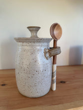 Load image into Gallery viewer, Stash jar with lid and handmade wooden spoon clay pottery stoneware
