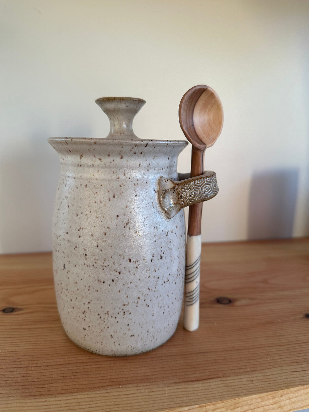 Stash jar with lid and handmade wooden spoon clay pottery stoneware